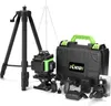 A collection of laser leveling tools and accessories, including a tripod, laser level device, carrying case, and various mounts and batteries, arranged on a white background. Produktbild-Vorschau