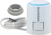 A white thermostatic actuator with a gray adapter and a white cable on a white background. Produktbild-Vorschau