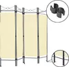 A four-panel room divider with beige fabric panels and a black metal frame, shown against a white background. Two small black clips are shown in an inset circle in the upper right corner. Produktbild-Vorschau