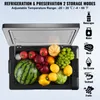 A portable refrigerator filled with various fruits and vegetables, with icons and text describing its features. Produktbild-Vorschau