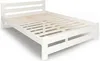A white wooden bed frame with a slatted base, shown from a diagonal angle against a white background. Produktbild-Vorschau