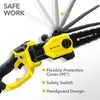 A close-up marketing image of a yellow and black electric chainsaw, highlighting safety features with numbered callouts and descriptive text. Produktbild-Vorschau