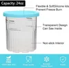 A clear plastic container with a blue lid, showing measurement markings and text describing its features. Produktbild-Vorschau