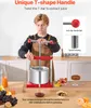 A man is using a manual juice press in a kitchen setting, with fruits and juice displayed around. Produktbild-Vorschau
