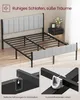 A bed frame with a padded headboard and a metal support structure, shown in a room setting with a bedside table and flowers. Close-up details of the assembly components are also shown. Produktbild-Vorschau