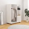 A white wardrobe with clothes hanging inside and shelves with folded items and a basket. Voir les images du produit
