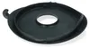 A black plastic lid with a circular opening in the center and a hook-like handle on the left side, shown against a white background. Produktbild-Vorschau