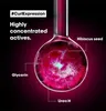 A close-up of a laboratory flask containing a vibrant pink liquid with swirling textures, with text overlays indicating product ingredients and benefits. Náhled obrázku produktu