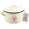 A cream-colored enamel pot with a lid, decorated with a heart motif and a small tag attached to the handle. Anteprima dell’immagine prodotto