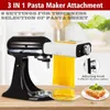 A black KitchenAid stand mixer with a white pasta maker attachment is shown, with yellow pasta dough being extruded. There are also images of stacked pasta sheets and a slice of lasagna. Produktbild-Vorschau
