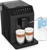 A black KRUPS espresso and cappuccino machine is shown with two glasses of latte macchiato and a carton of milk. Voir les images du produit