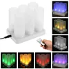 A collage of images showing a set of LED tea lights on a charging base, with different color options displayed, and a hand holding a remote control. Produktbild-Vorschau