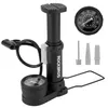 A black bicycle pump with a pressure gauge and accessories. Produktbild-Vorschau