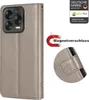 A close-up view of a gray flip phone case with a magnetic closure and a butterfly embossed detail, along with marketing text and logos. Produktbild-Vorschau