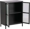 A black sideboard with two fluted glass doors, open to reveal two shelves. Podgląd zdjęcia produktu