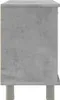 A side view of a gray wooden cabinet with adjustable legs. Produktbild-Vorschau