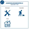 An image showing application examples for a product, categorized into workshop, construction site, and home. Produktbild-Vorschau