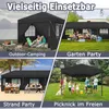 A collage of four images showing a black gazebo or party tent in different settings: outdoor camping, garden party, beach party, and outdoor picnic. Produktbild-Vorschau