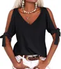 Damen-T-Shirt mit V-Ausschnitt und schulterfreiem Design Produktbild-Vorschau 1