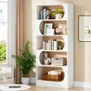 A modern, white, five-shelf bookshelf filled with books and decorative items, placed in a well-lit room next to a window with curtains and a potted plant. Produktbild-Vorschau