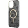A side view of a black and gray patterned iPhone case with a gold circular MagSafe logo and text. Voir les images du produit