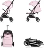 A collage of four images showing a pink baby stroller in different configurations: open, partially open, as a travel bag, and folded. Náhled obrázku produktu