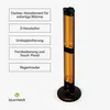 A tall, black infrared heater with an orange glowing element, standing on a round base, next to a list of its features. Produktbild-Vorschau
