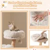 A cat sitting on a plush platform of a cat tree, with close-up shots of the plush fabric and a removable cushion. Voir les images du produit