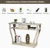 A console table with shelves and a drawer, displayed against a white background with illustrative icons and text highlighting its storage features. Podgląd zdjęcia produktu