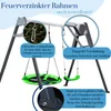 A swing set with two different types of swings, a nest swing and a traditional swing seat, shown in a garden setting with descriptive callouts highlighting features. Produktbild-Vorschau