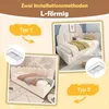 A collage showing two different installation methods for an L-shaped bed, with close-ups of the bed frame and the assembled bed. Produktbild-Vorschau
