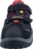 A close-up front view of a black safety sandal with red and blue accents. Produktbild-Vorschau