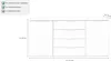 A diagram of a white sideboard with dimensions indicated. There are bullet points listing features of the sideboard. Produktbild-Vorschau