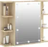 A vanity cabinet with shelves and a lighted mirror, displaying various beauty products. Anteprima dell’immagine prodotto
