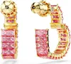 A pair of gold hoop earrings with pink baguette-cut stones. Produktbild-Vorschau