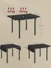 A collage of images showing a black folding table in different configurations and with dimensions indicated. Produktbild-Vorschau
