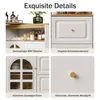A collage of four images showcasing details of a white cabinet with wood accents and gold hardware, highlighting its material, drawer structure, glass doors, and handles. Anteprima dell’immagine prodotto