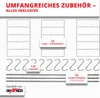 Marketing image showing various accessories for a product, including racks, hooks, and rods. Produktbild-Vorschau