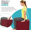 A woman is sitting on a red fitness cube, and another image shows a person's legs resting on a red fitness cube. Produktbild-Vorschau