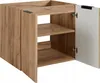 A close-up, front-facing view of a wooden bathroom cabinet with two shelves and one door open. Anteprima dell’immagine prodotto
