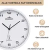 A close-up of a white wall clock with text and icons highlighting its features. Anteprima dell’immagine prodotto