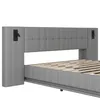 Close-up of a grey upholstered bed frame with integrated reading lights. Podgląd zdjęcia produktu