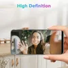 A hand holding a smartphone displaying a woman waving hello, with text overlay. Produktbild-Vorschau