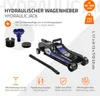 A marketing image of a hydraulic jack with its accessories and feature callouts. Náhľad obrázku produktu