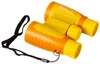 A pair of orange and yellow binoculars with a black strap, isolated on a white background. Produktbild-Vorschau