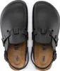A top-down view of a pair of black Birkenstock sandals with a strap around the heel. Produktbild-Vorschau