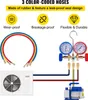 Diagram showing a vacuum pump, manifold gauge set, and air conditioning unit connected by color-coded hoses, with feature callouts. Anteprima dell’immagine prodotto