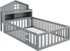 A gray wooden children's bed with a house-shaped headboard and built-in shelves, set against a white background. Podgląd zdjęcia produktu