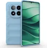 A light blue phone case is shown from the back and side, with the phone screen displaying a green abstract wallpaper. Produktbild-Vorschau