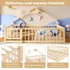 A collage of images showcasing a wooden children's bed with a house-shaped frame and safety rails. The main image shows the bed with bedding and a stuffed animal. Smaller images highlight the safety rail, the house design, and the bed's height from the flo Voir les images du produit